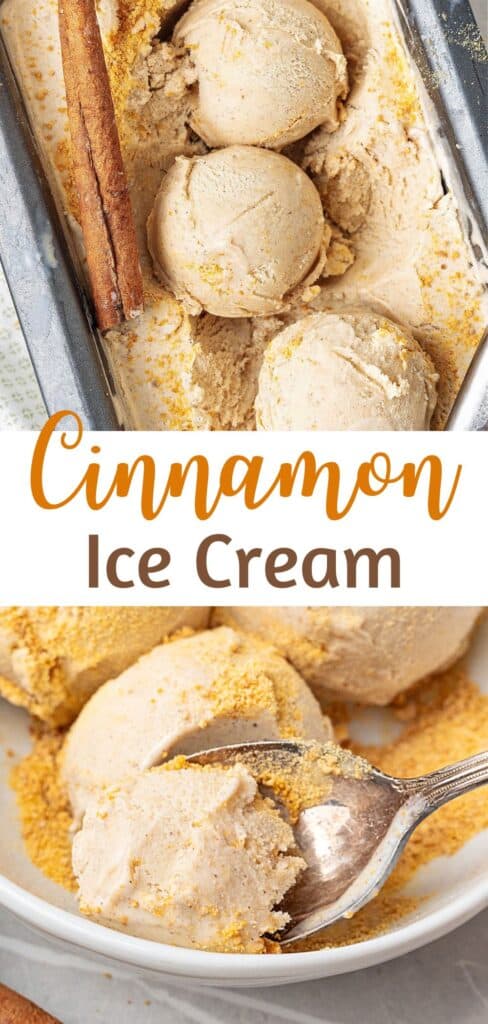 White and brown text overlay on two images of cinnamon ice cream.