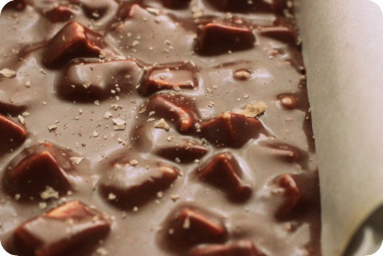 Close up of fudge with marshmallows on square pan