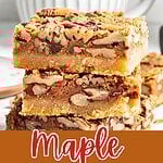 Brown, red and white text overlay on two images of stacked and bitten pecan pie squares.