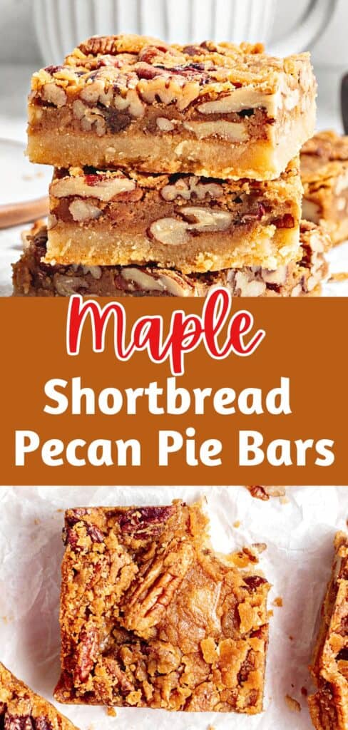 Brown, red and white text overlay on two images of stacked and bitten pecan pie squares.