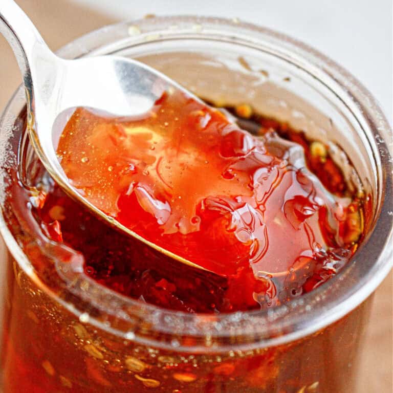Close up of silver spoon with chili jam in a glass jar.