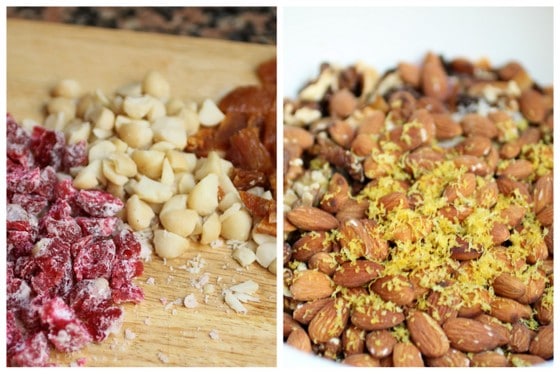Collage of chopped nuts and dried fruit on wooden board and on a bowl