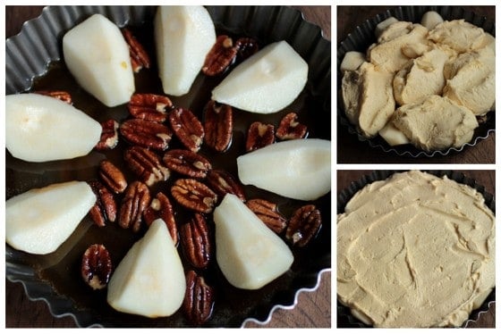 Pear pecan upside down cake process shots in a collage. 