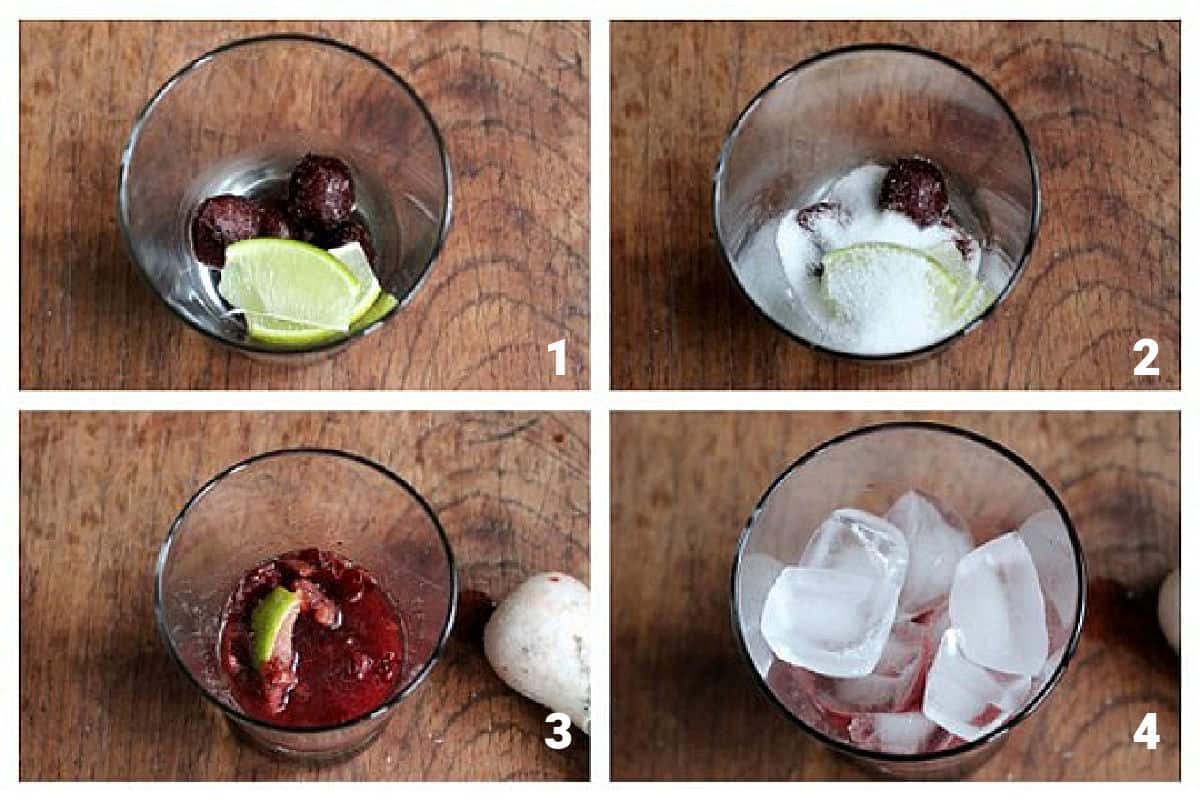 Collage showing process for cherry cocktail. Glasses, cherries, lime, sugar, ice