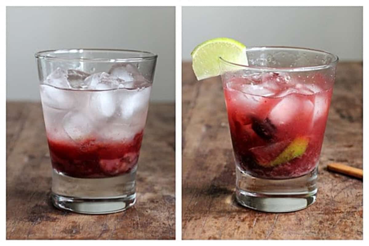 Collage of glass with ice and cherry juice, and filled with vodka and lime