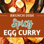 Brown, white and green text overlay on two images of egg curry in a skillet and plated.