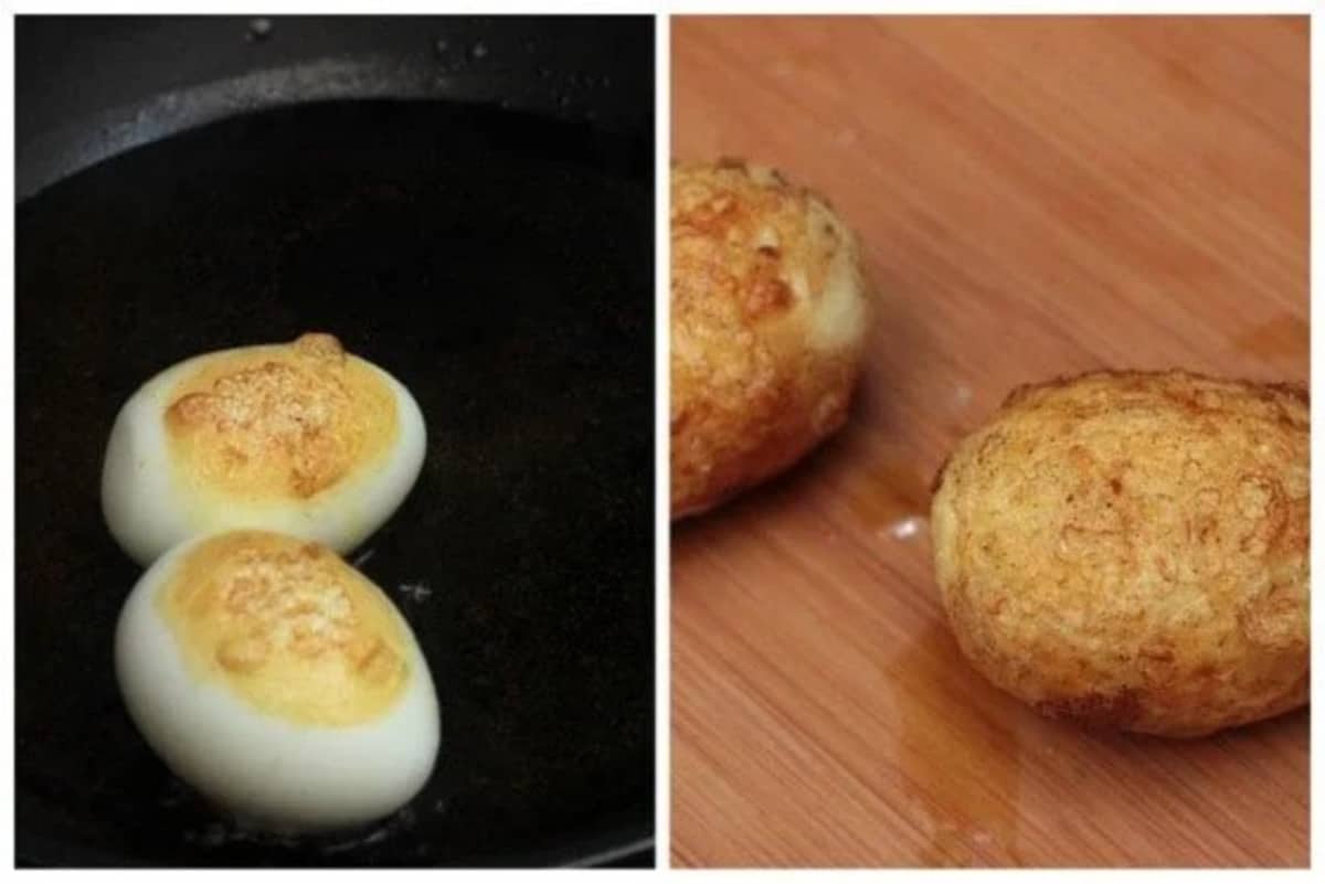 Two image collage showing whole and halved fried hard-boiled eggs. 