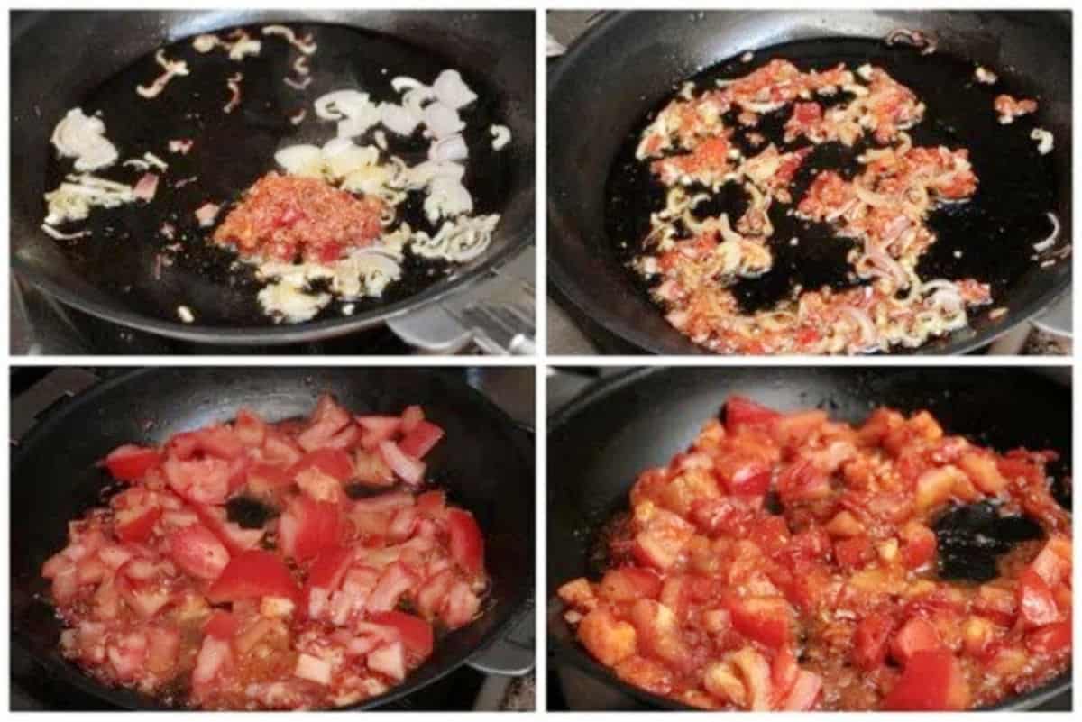 Four image collage showing process for making onion tomato chunky sauce on a dark skillet. 