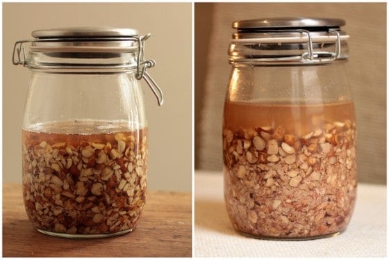 Homemade hazelnut liqueur process collage showing mason jars with chopped nuts and liquid.