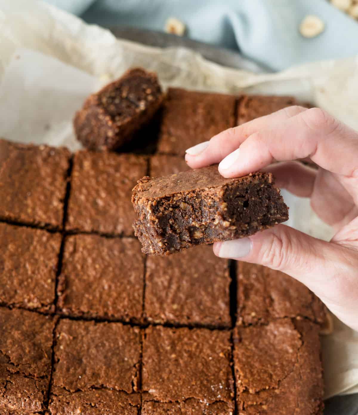 Hand holding bitten brownie with whole block of brownies below them.