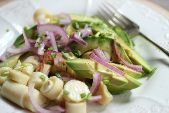 Close up of sliced Avocado, red onion and Hearts of Palm on a white plate, silver fork
