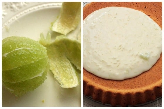 Two image collage of peeled lime on a plate and lime frosting on top of a cake.