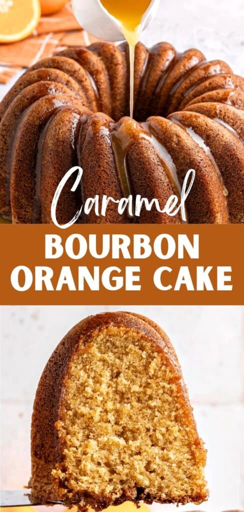 Brown and white text overlay on two images of whole and sliced orange caramel bundt cake.