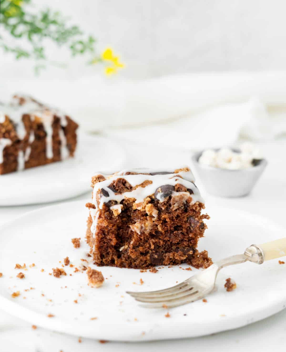 Serving of glazed chocolate sheet cake on a white plate with a fork. White background with another serving and green yellow plant.