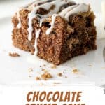 Brown and blue text overlay on image of square of glazed chocolate cake on a white surface.