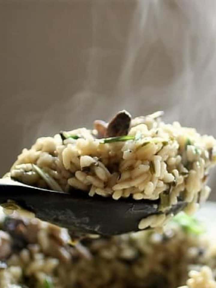 Wooden spoon with mushroom risotto serving, steam in background