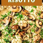 Brown, white and red text overlay on mushroom parsley risotto. Wooden spoon.