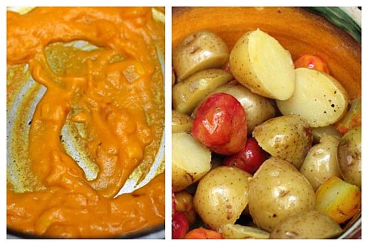 Two image collage of small potatoes and yellow pepper sauce.