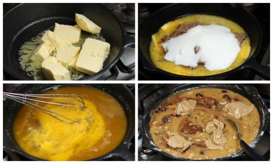 Four image collage showing process of making blondies in a cast iron skillet. 