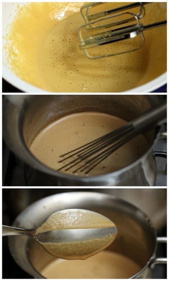 Image collage: bowl with beaters, saucepan with coffee custard, spoon testing custard.