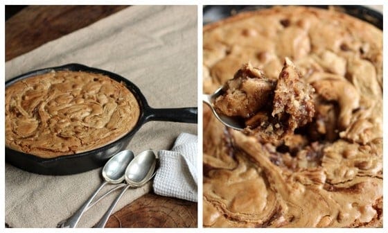 Two image collage of cast iron skillet blondies on a beige cloth and close up with a spoon.
