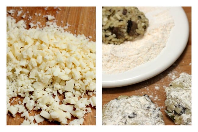 Collage with risotto cake mixture, and floured unbaked cakes