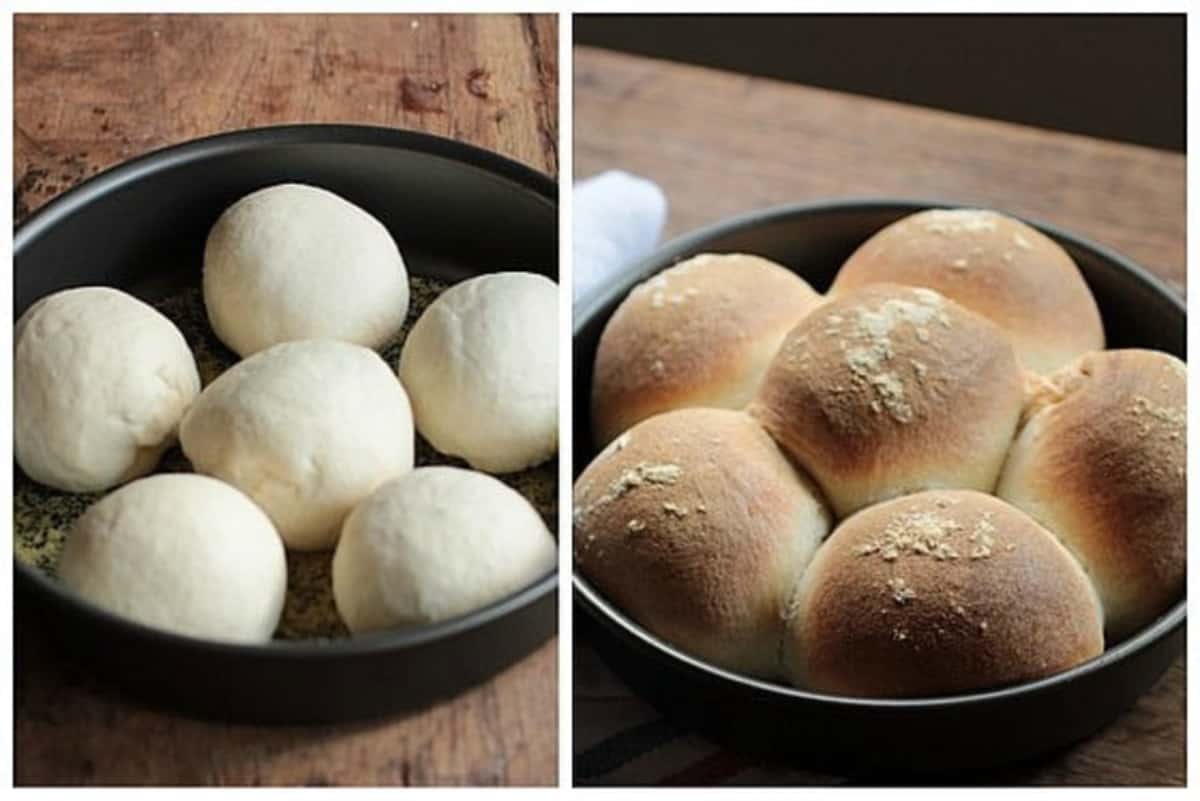 Two image collage, raw and baked bread rolls in metal pan.