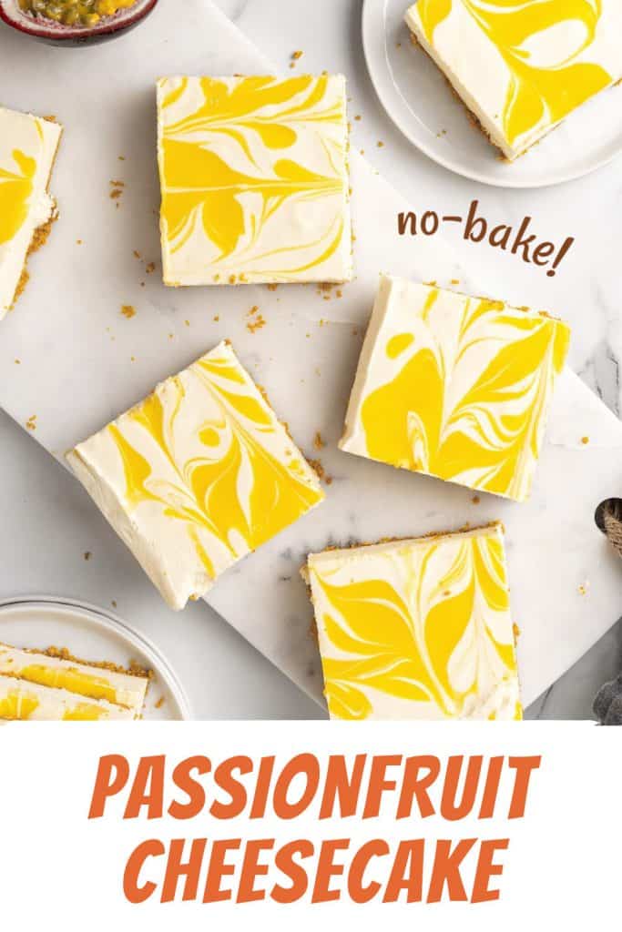 Orange white text overlay on image of squares of passionfruit swirl cheesecake on a white surface.