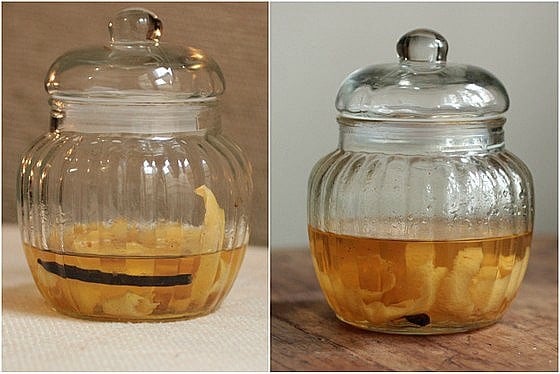 Two glass jars with lids showing process of macerating homemade vanilla limoncello.