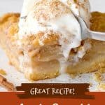 White and brown text overlay on image of ice cream topped apple pie crumb bar.