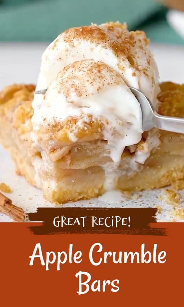 White and brown text overlay on image of ice cream topped apple pie crumb bar.