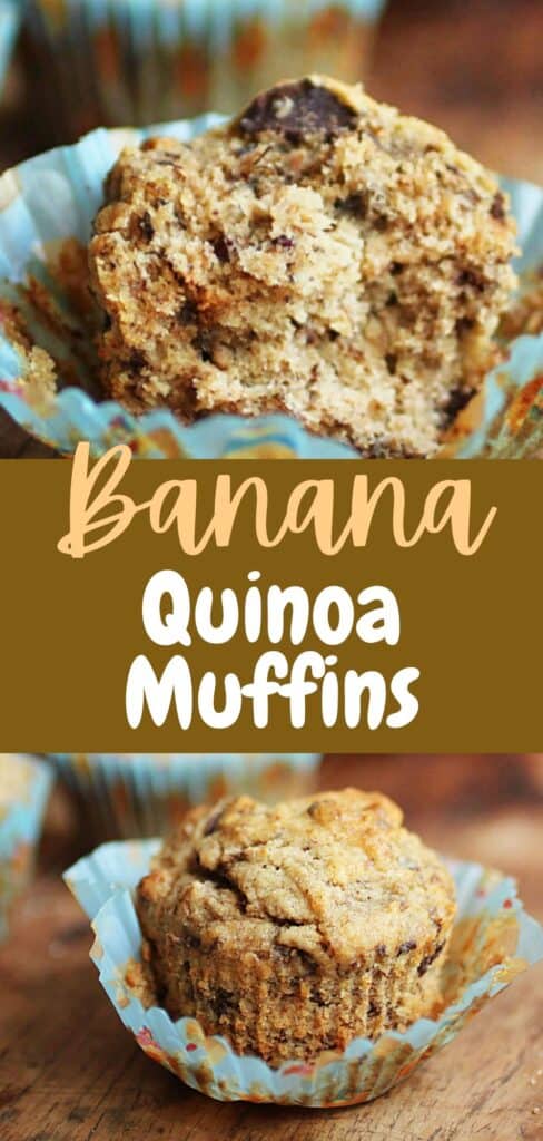 Brown and white text overlay on two images of banana quinoa muffins.