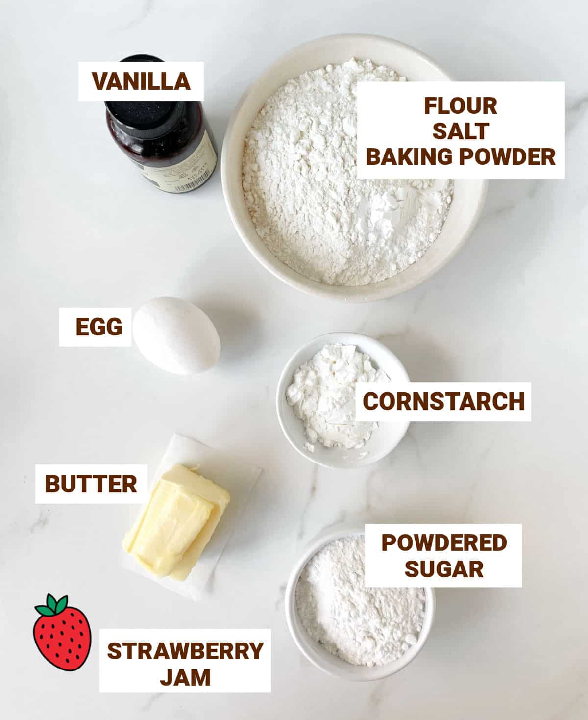 White surface with bowls containing ingredients for strawberry jam cookies including butter, powdered sugar, flour, vanilla, egg, cornstarch. Text overlay.