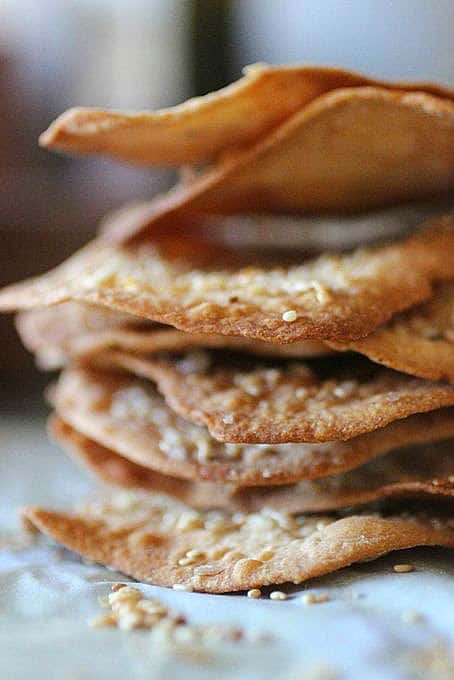 Close up of stack of olive oil crackers