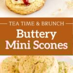Brown and white text overlay on two images of plain and jam scones.