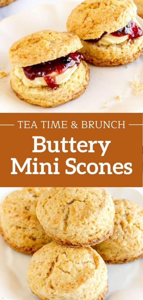 Brown and white text overlay on two images of plain and jam scones.