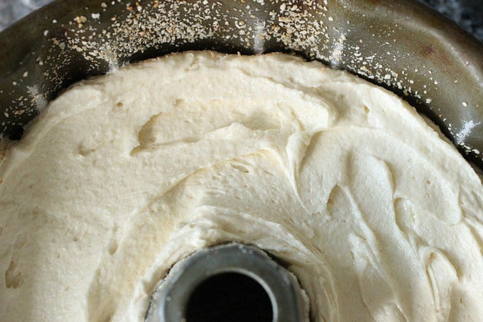 Partial image of Brown Butter Cake batter in bundt pan 