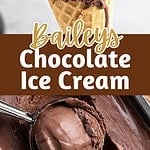 Brown and white text overlay on two images of chocolate ice cream cone and scoop.