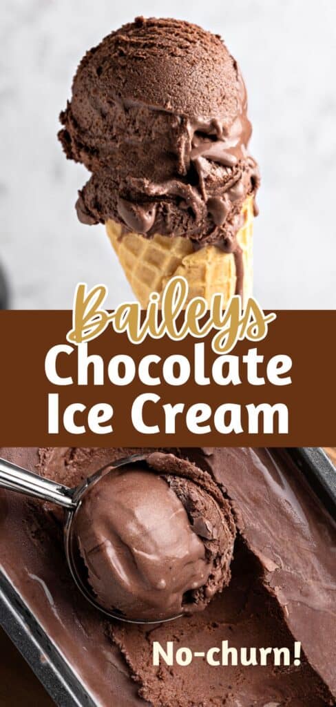 Brown and white text overlay on two images of chocolate ice cream cone and scoop.