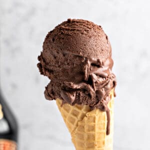 Light gray background with waffle cone of dark chocolate ice cream.