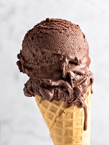 Light gray background with waffle cone of dark chocolate ice cream.