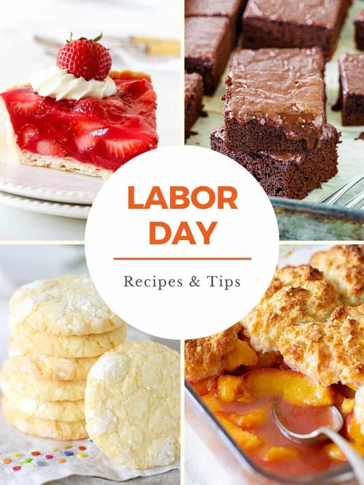 Four image collage with orange text overlay featuring desserts for Labor Day.