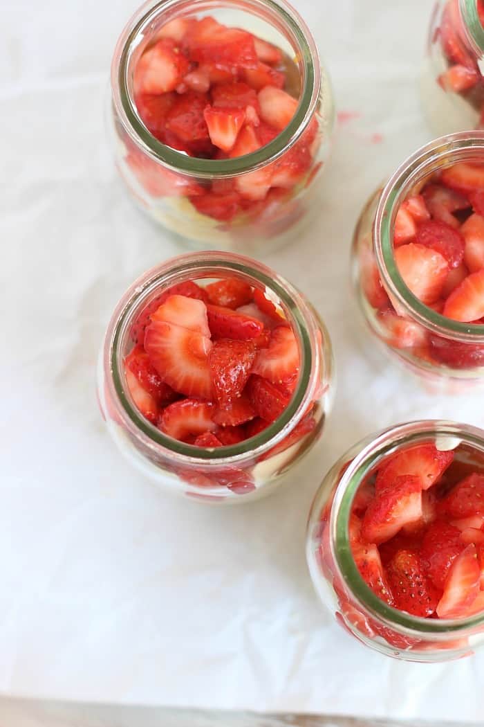 Top view of glass jars with Strawberry Trifle