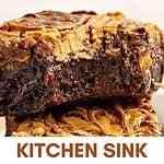Bitten and whole squares of swirled loaded brownies. Brown and white text overlay.