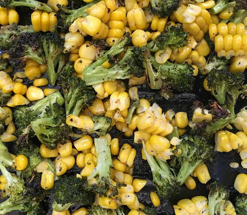 Close-up image of roasted Broccoli and corn 