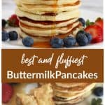 Collage of Buttermilk pancakes, stack with fruit, fork with pieces