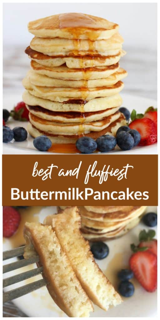 Collage of Buttermilk pancakes, stack with fruit, fork with pieces