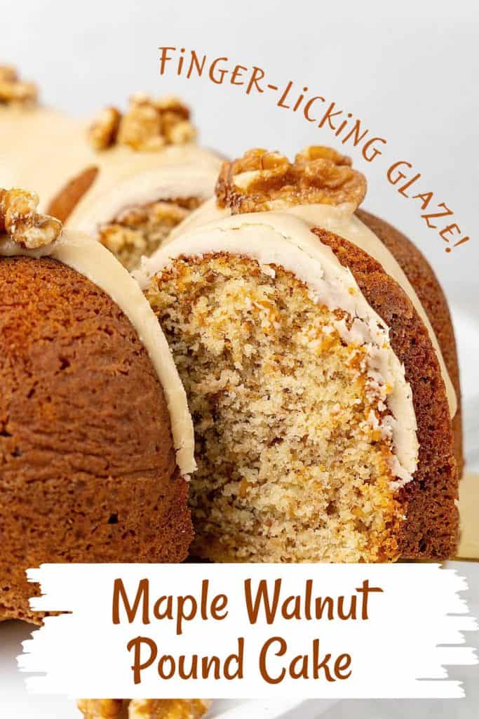Brown and white text overlay on close up image of walnut bundt cake with maple glaze.