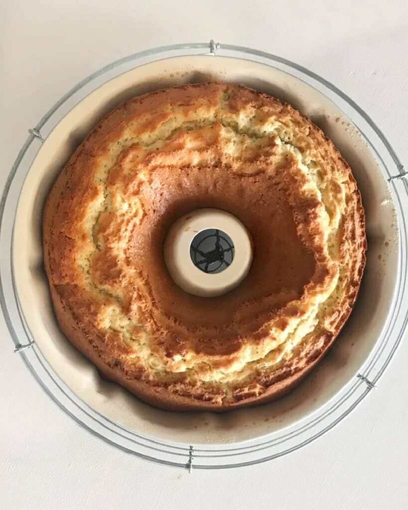 Baked poppy seed bundt cake in the pan on a wire rack. White surface. Top view.