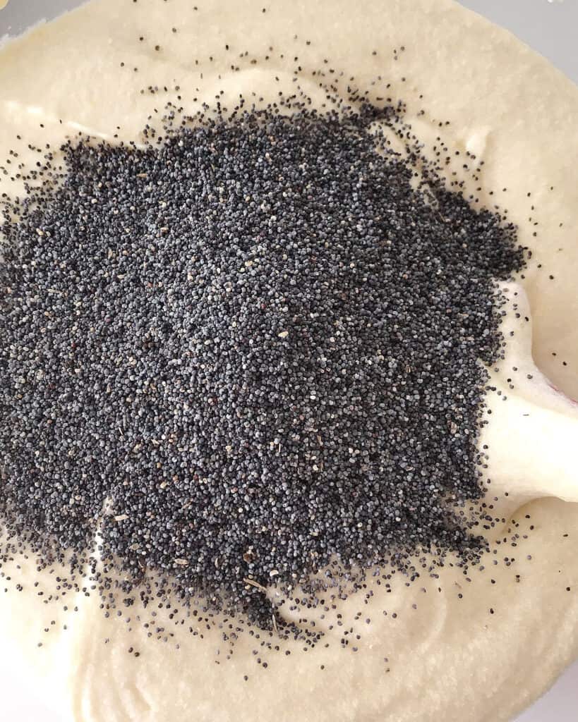 Poppy seeds added to vanilla cake batter.